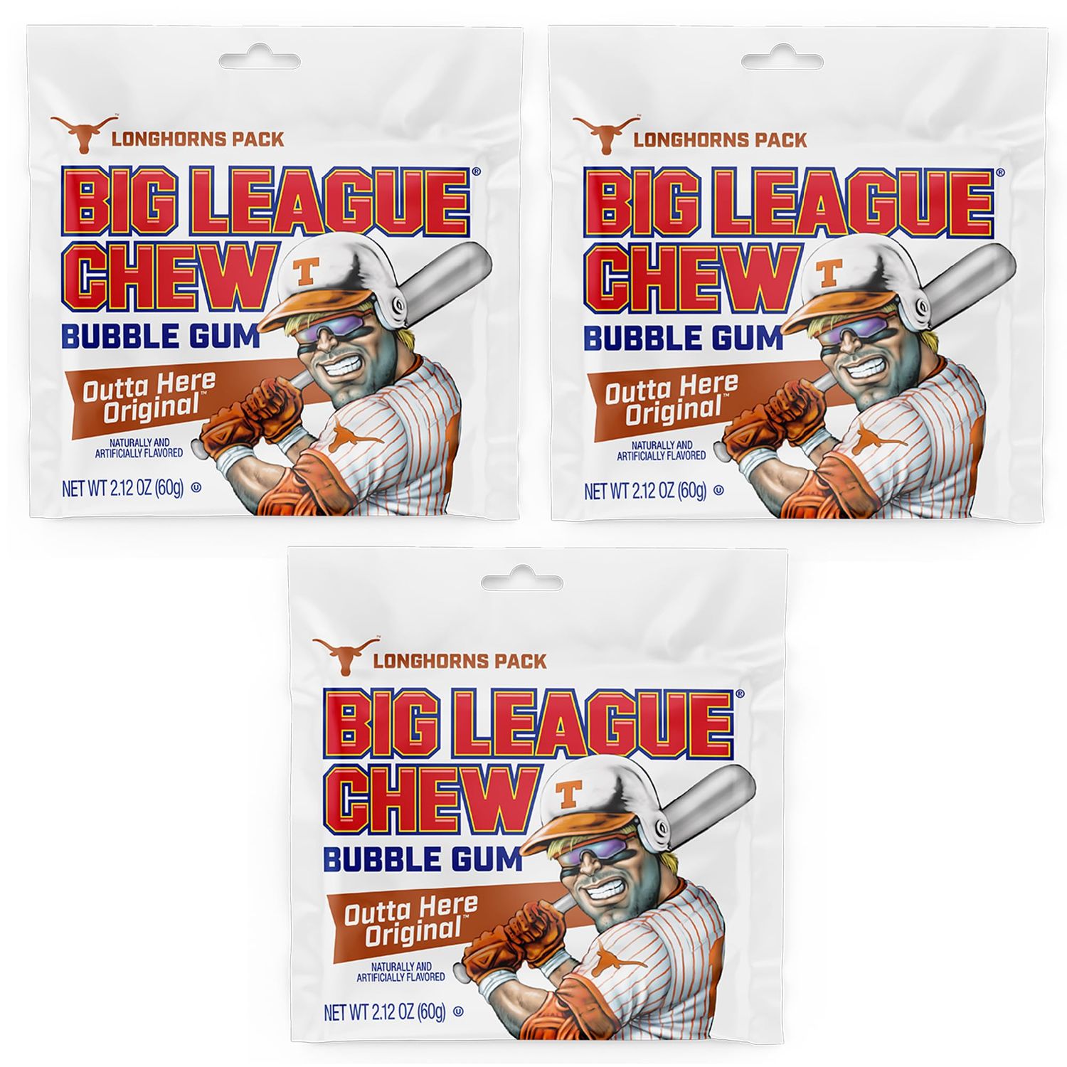 Big League Chew Longhorns Original Bubble Gum 3-Pack - 2.12oz Packets - Original Baseball Gum - Big League Chew Baseball Candy Set for Treats, Party Favors More - Softball Candy For Teams