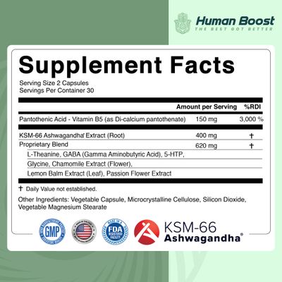 Human Boost Sleep Calm Relax - Premium Sleep Supplement with Ashwagandha KSM-66, Vitamin B5, L Theanine, Lemon Balm - Promotes Deep Sleep, Mood Balance, Recovery, Relaxation - 60 Vegan Capsules