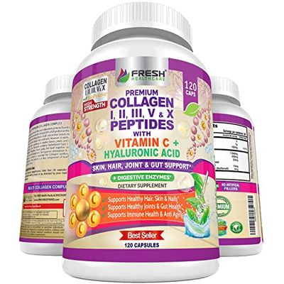 FRESH HEALTHCARE Multi Collagen Pills with Type I, II, III, V X Peptides with Vitamin C, Hyaluronic Acid - Supports Healthy Hair, Skin, Nails and Joints - 120 Kosher Capsules