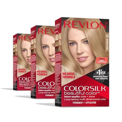 Revlon ColorSilk Permanent Hair Color, 100 Gray Coverage Dye Kit, Ammonia-Free, Keratin and Amino Acids, Blonde Shades, 74 Medium Blonde (Pack of 3)
