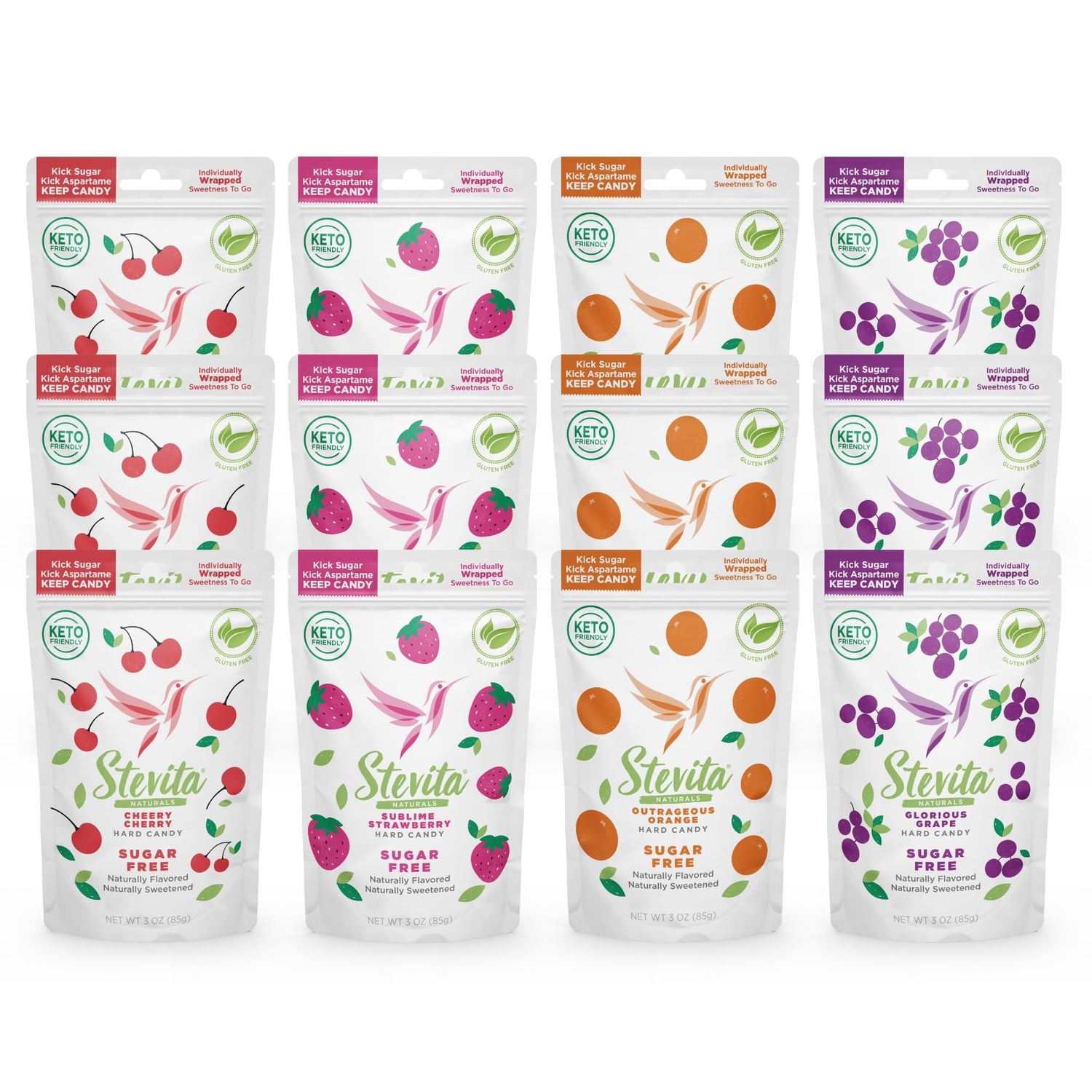 Stevita Hard Candy, Variety Pack - 12 Resealable Pouches - Strawberry, Cherry, Orange Grape Flavors - Sugar Aspartame Free - Naturally Flavored Sweetened - Non-GMO, Gluten Free, Keto Friendly