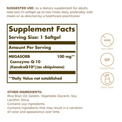 Solgar Megasorb CoQ-10 100 mg, 30 Softgels - Promotes Heart Function, Supports Healthy Aging - Coenzyme Q10 Supplement - Enhanced Absorption - Non-GMO, Gluten Free, Dairy Free - 30 Servings