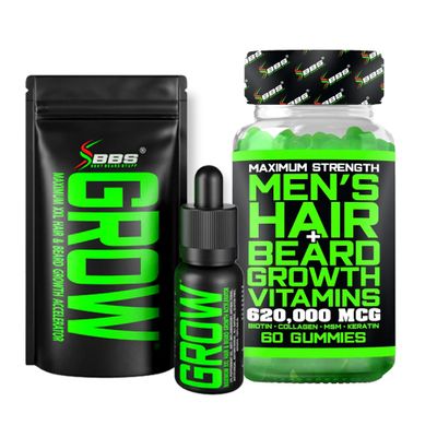 Beard Growth Kit wGROW Beard Oil for Men (Mens Beard Growth Serum) Biotin Gummies Beard Growth Vitamins Hair Growth Vitamins for Men