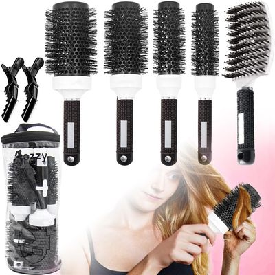 5Pcs Round Brush Set for Blow Drying, with Boar Bristle Vented Curved Detangling Hair Brush, Thermal Ceramic Ionic Tech Reduce Frizz Hair, Makes Hair Styling, Curling Straightening, Salon at Home