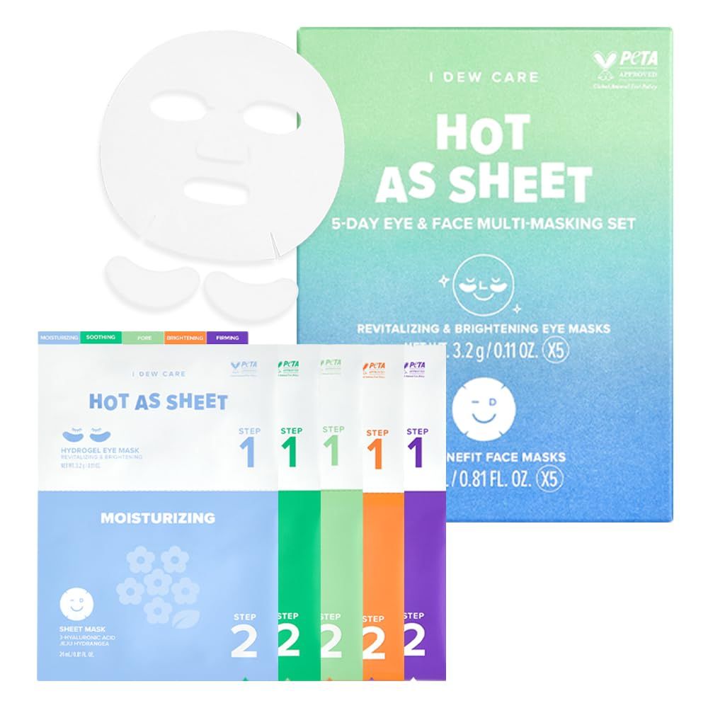 I DEW CARE Glass Skin Face Mask Variety Pack - Hot as Sheet Korean Face Masks Skincare, 5-Day EyeFace Multi-masking Set, Moisturizing, Soothing, Pore Tightening, Firming