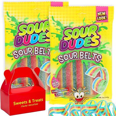 Sour Belt Candy Made w Real Fruit Rainbow Strips Flavored Delicoius Chewy Tape Candy Great For Birthday Gift Movie Night Snack Travel Camping Holiday Kids Summer Treat (2 Bags Plus Muchai Card Box)