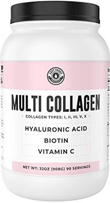 Multi Collagen Powder with Biotin, Hyaluronic Acid, Vitamin C (2lb Value Size) Hydrolyzed Collagen Supplement (Types I, II, III, V, X). Hair, Skin, Nails for Women, Men