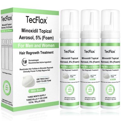Tecflox Minoxidil Foam - 5 Minoxidil for Men and Women, Hair and Beard Growth with Biotin, Thicker Hair, Unscented, 3 x 2.11 Oz, 3-Month Supply, Hair Loss Treatment (Blue)
