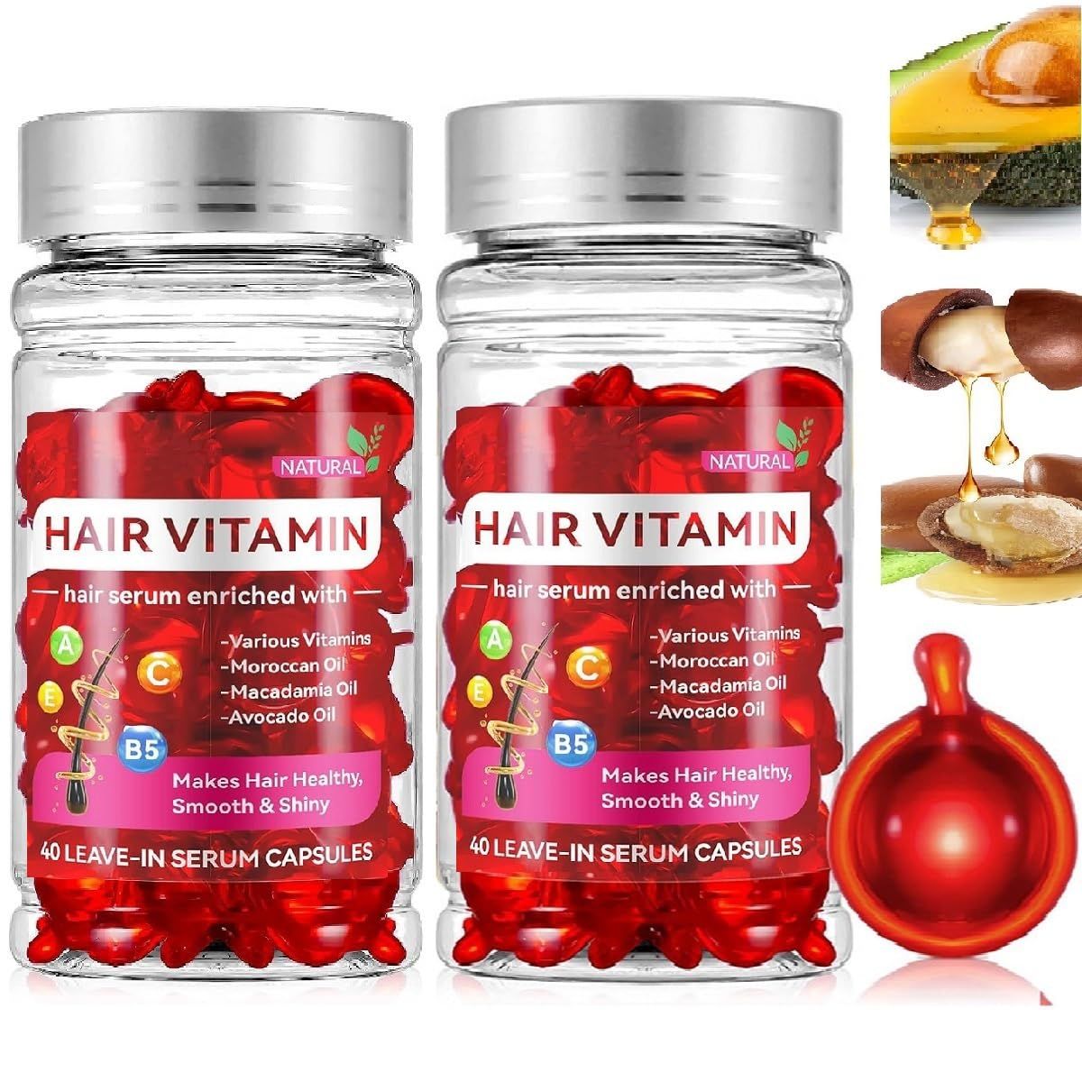 2 Box Hair Treatment Vitamin Serum Oil Capsules, Enriched with Moroccan Macadamia Avocado Oils Leave-in Vitamins A C E Pro B5 Hair Serum Oil for Frizzy and Damaged Hair.(80 Pcs)