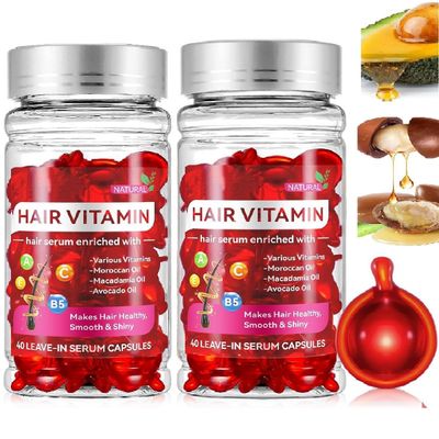 2 Box Hair Treatment Vitamin Serum Oil Capsules, Enriched with Moroccan Macadamia Avocado Oils Leave-in Vitamins A C E Pro B5 Hair Serum Oil for Frizzy and Damaged Hair.(80 Pcs)