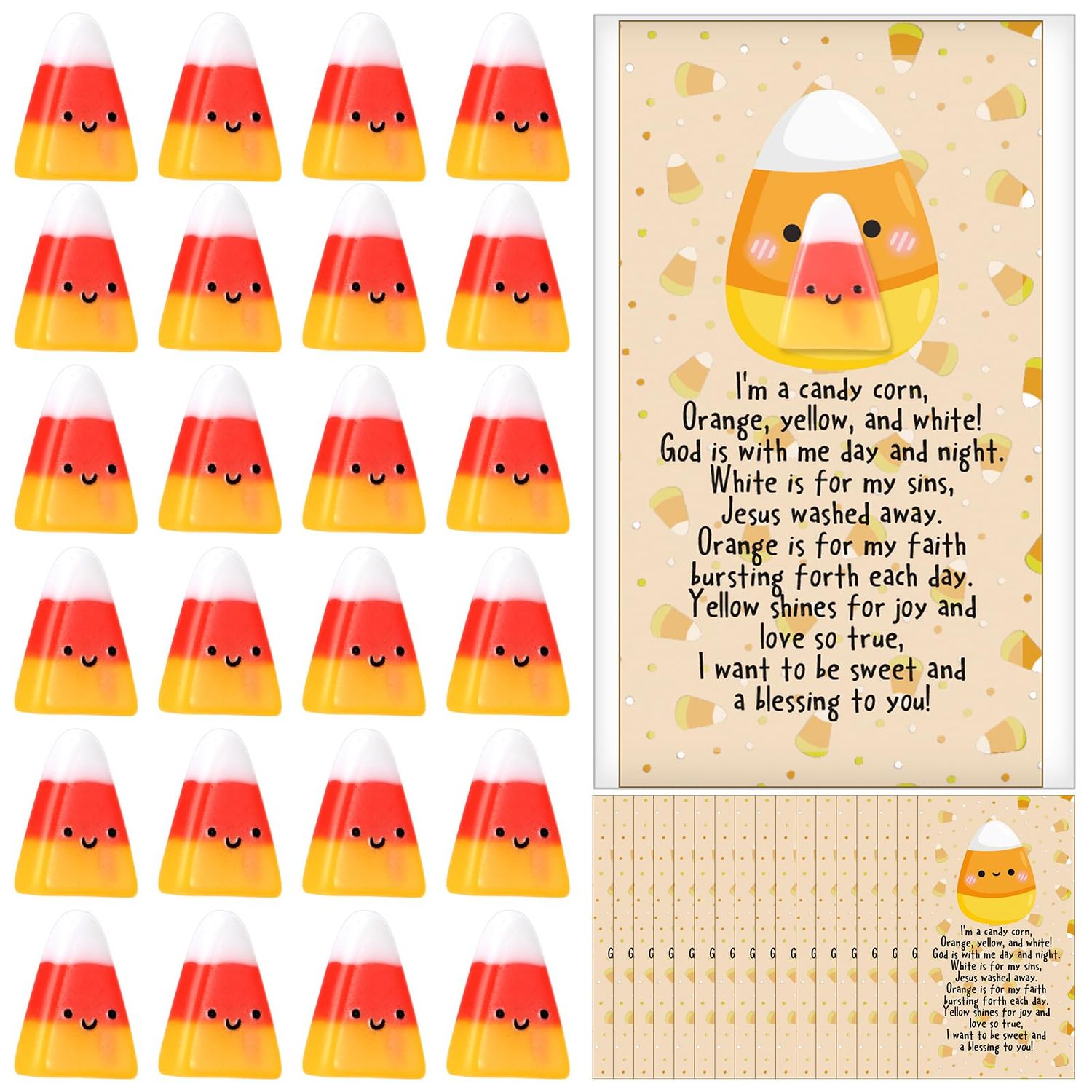 Wesiti 24 Set Christian Halloween Candy Corn Gifts Mini Resin Corn Candy with Religious Prayer Cards Trick or Treat Party Favors Halloween Fake Candy Decor for Office Sunday Church Gifts