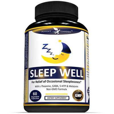 Potent Garden Sleep Well Sleep Aid Contains Melatonin Valerian Root L-Theanine GABA More, Natural Sleep Aid Non-Habit Forming Sleep Aids for Adults with 60 Veggie Caps