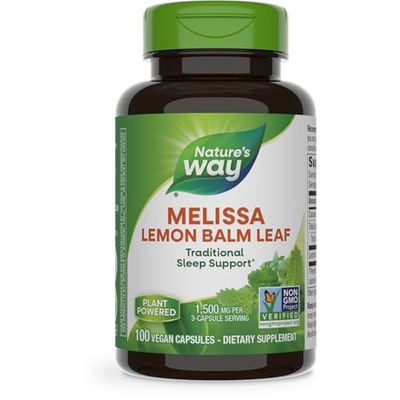 Nature&#39;s Way Melissa Lemon Balm Leaf, Traditional Sleep Support, 1,500 mg per 3-Capsule Serving, Non-GMO Project Verified, 100 Vegan Capsules (Packaging May Vary)