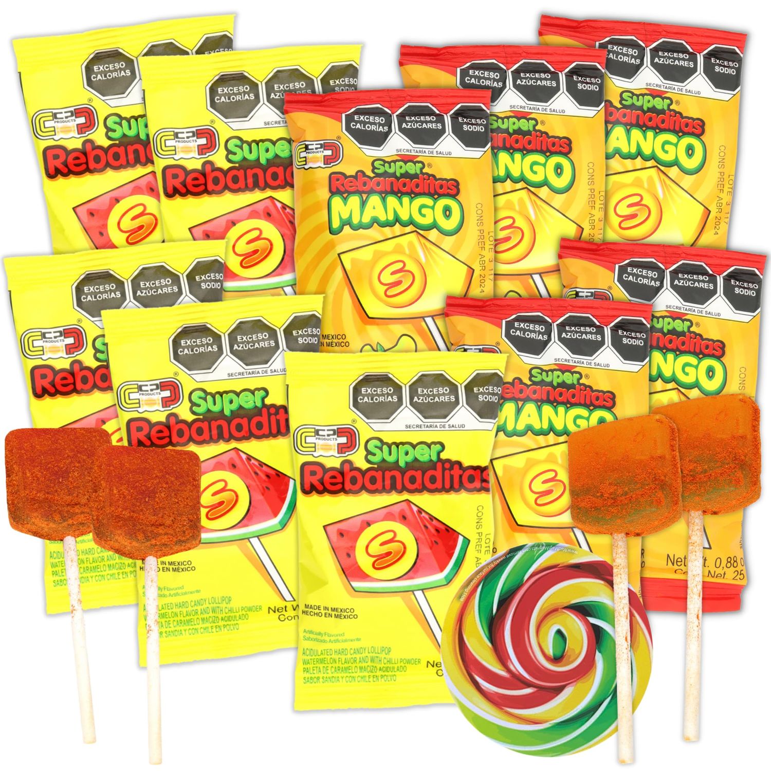 Needzo Assorted Flavored Mexican Candy, Chili Covered Mango and Watermelon Lollipops, Themed Party Favors (Pack of 10)