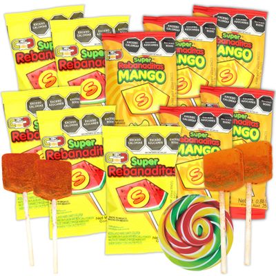 Needzo Assorted Flavored Mexican Candy, Chili Covered Mango and Watermelon Lollipops, Themed Party Favors (Pack of 10)