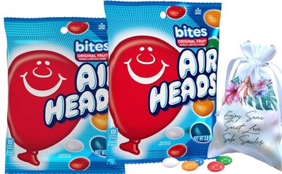 AirHeads Fruit Flavored Bites Candy 2 Bags (Each 3.8 OZ) Great for Parties, Candy Gift bag Flavors -Blue Raspberry, Cherry, Watermelon, Orange, White Mystery Soko Smiles Pocket Bag Included.