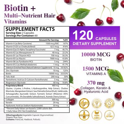 Biotin 10,000MCG Hair Growth Support for Women Men with Collagen Keratin - Hair, Skin Nails Vitamins with Multivitamins Minerals - 120 Capsules (2-Month Supply)