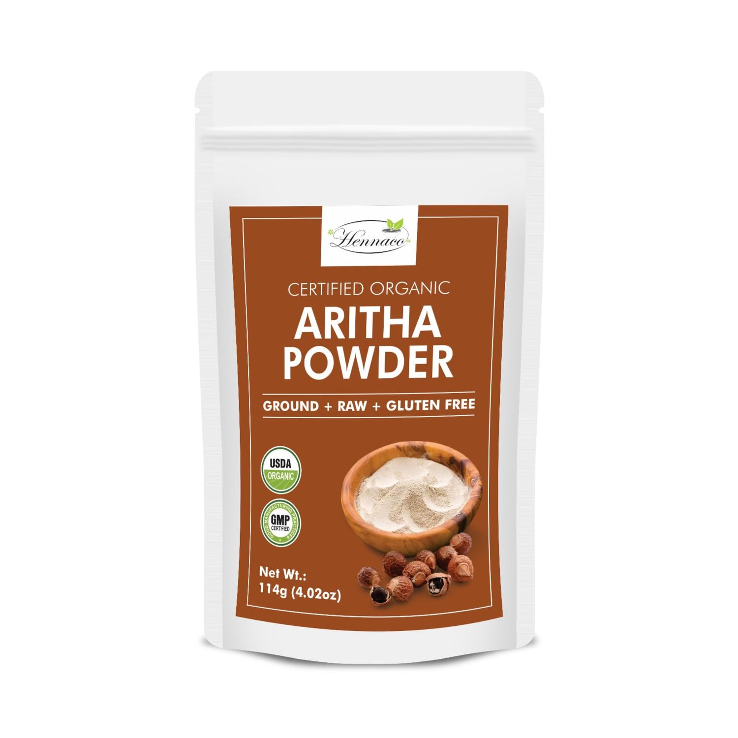 Hennaco Organic Aritha (Soap Nut) Powder for Hair and Skin Pure Natural Reetha No Preservatives Chemical Free 114 Grams (4 OZ)