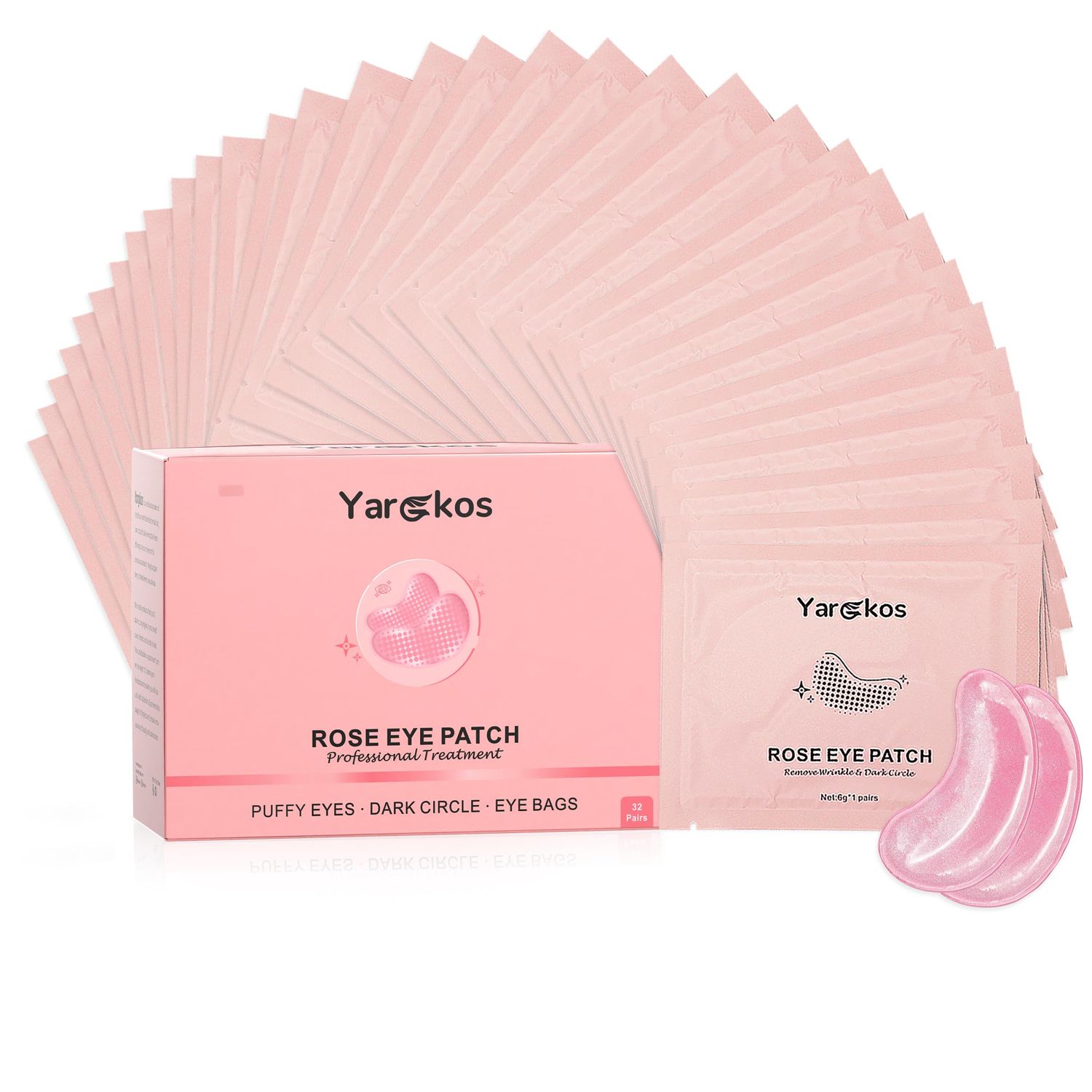 Yargkos 32 Pairs Pink Under Eye Patches, Rose Cooling Hydrating Eye Mask for Dark Circles Puffiness Puffy Eyes, Anti Wrinkle Collagen Undereye Pad, 32 Sets Women Travel Beauty Skincare Face Gel