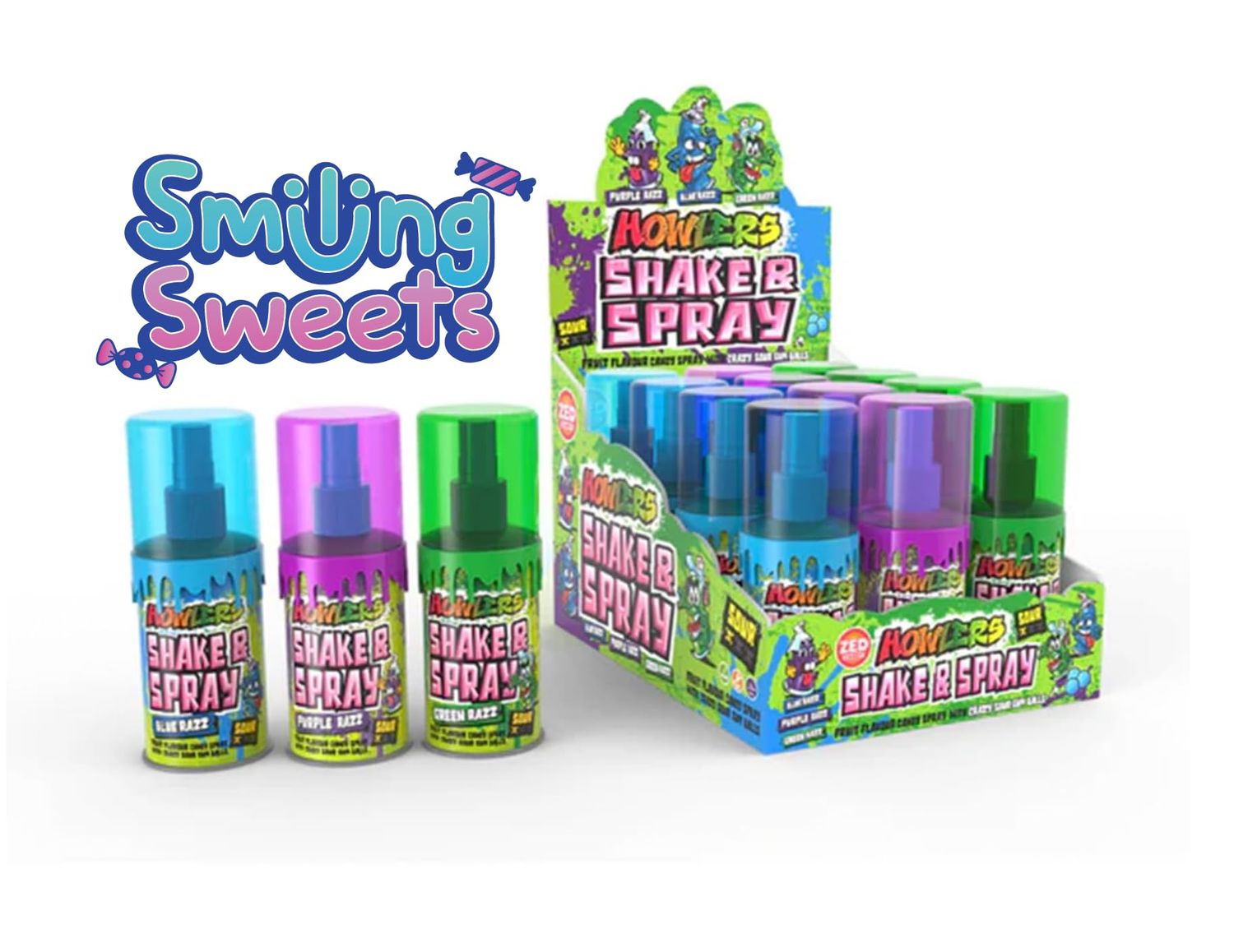 Smiling Sweets Howler Shake and Spray, Candy Spray with Crazy Sour Gumballs, Fun Sour Treat to Share with Friends and Family, Razz Variety (Pack of 3)