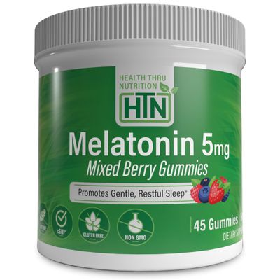 Health Thru Nutrition Melatonin 5mg Gummies 45 Count Mixed Berry Flavor with Child-Resistant Cap Gentle Restful Sleep Support Supplement Non-GMO, Gluten-Free, Vegan-Friendly