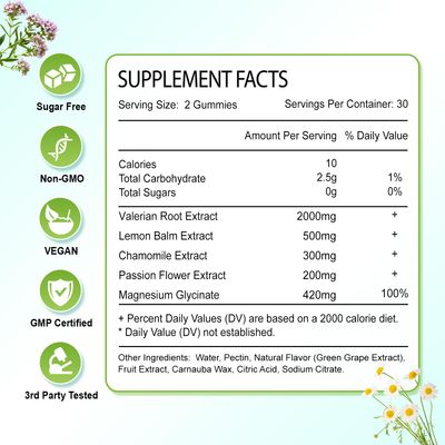 Zetelixia 2 Pack Organic Valerian Root Gummies, Natural Calm to Help Relaxation, Herbal Supplement for Mood Support, Melatonin Free, Non-GMO, Gluten Free, Vegan, Green Grape Flavor, 120 Count