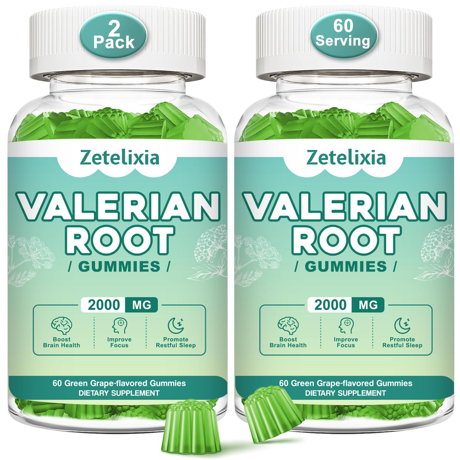 Zetelixia 2 Pack Organic Valerian Root Gummies, Natural Calm to Help Relaxation, Herbal Supplement for Mood Support, Melatonin Free, Non-GMO, Gluten Free, Vegan, Green Grape Flavor, 120 Count