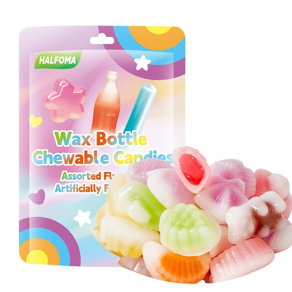 Halfoma Wax Bottle Candy with Syrup in the middle,Assorted Fruit Flavors,Various styles,Suitable for Chewing to Relieve Stress, Playing Games, and Various Gatherings,32 Candies,60g