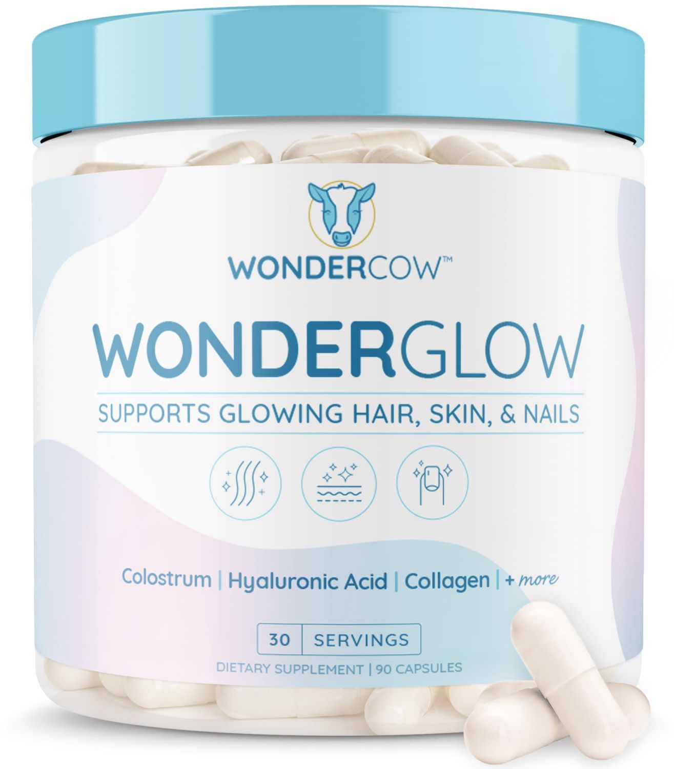 WONDERCOW Hair Skin and Nails Vitamins wBovine Colostrum, Collagen, Hyaluronic Acid, Biotin, Zinc, LactoferrinSupports Faster Hair Growth, Stronger Nails and Glowing Skin (30 Servings, Capsule)