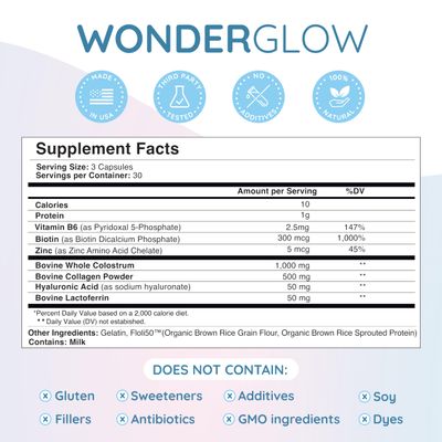 WONDERCOW Hair Skin and Nails Vitamins wBovine Colostrum, Collagen, Hyaluronic Acid, Biotin, Zinc, LactoferrinSupports Faster Hair Growth, Stronger Nails and Glowing Skin (30 Servings, Capsule)