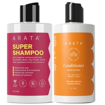 Arata Hair Fall Control Combo With Onion Oil, Argan Oil Bhringraj Power Of 5 In 1 Super Shampoo (300 Ml) And Conditioner All-Natural Cruelty-Free