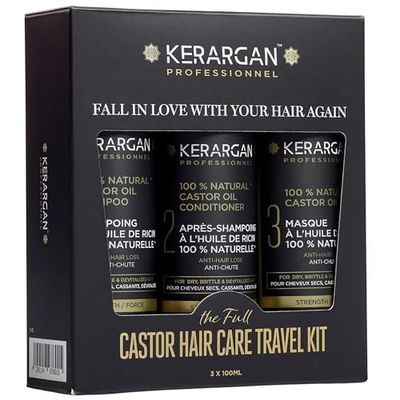 Kerargan - Anti-Hair Loss Travel Kit with Castor Oil for Growth and Dry, Brittle Hair - Sulfate-Free, Paraben-Free, Silicone-Free - 3x3.4 Fl oz