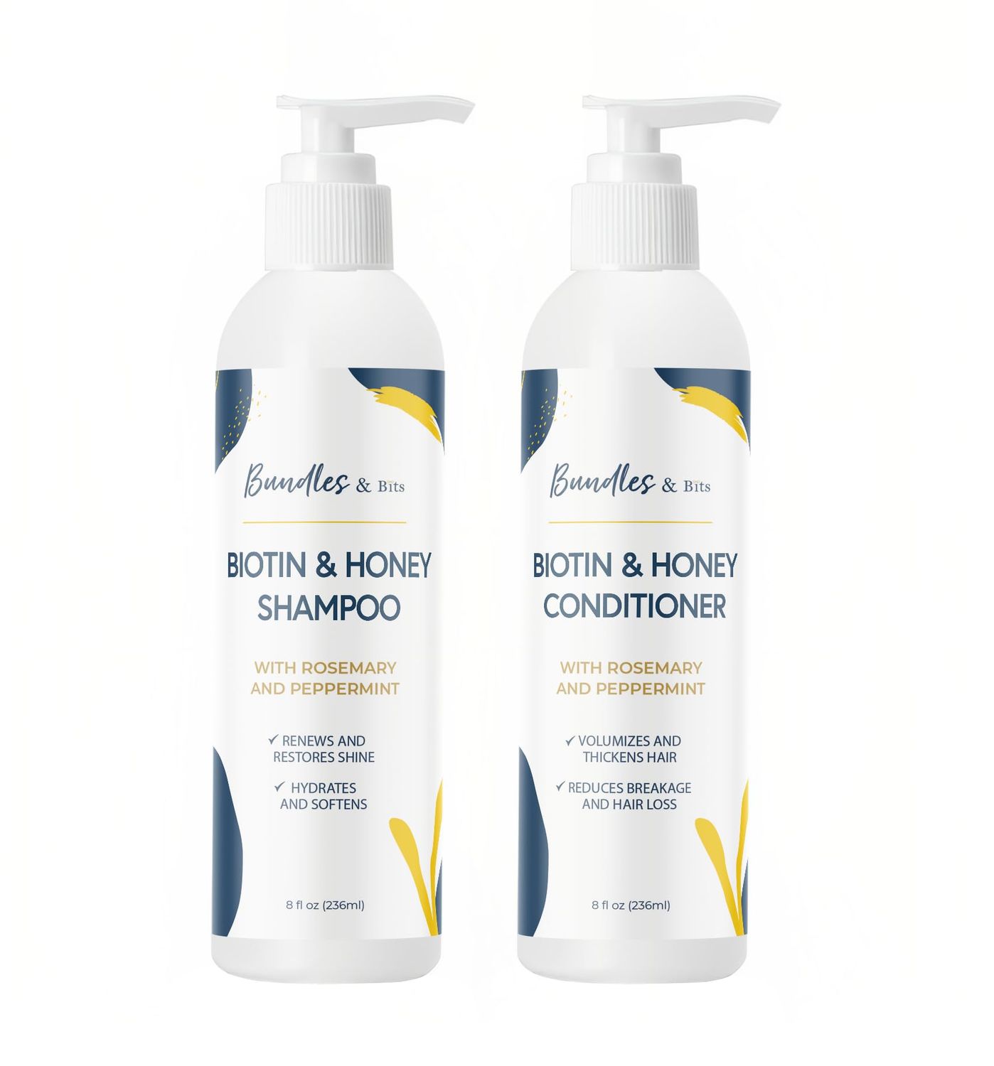 Bundles Bits Biotin and Honey Volumizing Shampoo and Conditioner - for Thicker, Stronger, Healthier Hair - Regrowth, Thinning Hair, Anti-Hair Loss - 2 Pieces, 8oz each