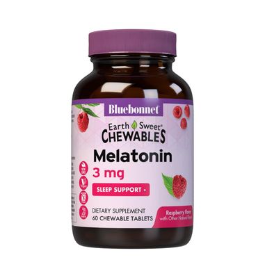 Bluebonnet Nutrition EarthSweet Melatonin 3 mg Fast-Acting Quick Dissolve Nighttime Relaxation Restful Sleep Support - Sleep Aid - Gluten-Free, Vegan - Raspberry Flavor - 60 Chewable Tablets