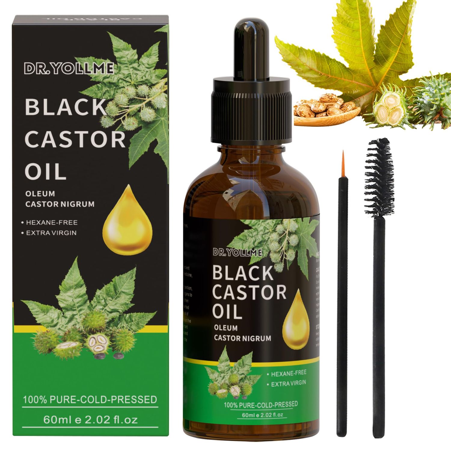 Black Castor Oil, 100 Pure Cold Pressed, Hair growth, Full Eyelashes Eyebrows, Moisturize skin, Rich in Vitamins and Fatty Acids Oil, 2Fl Oz, 60ml