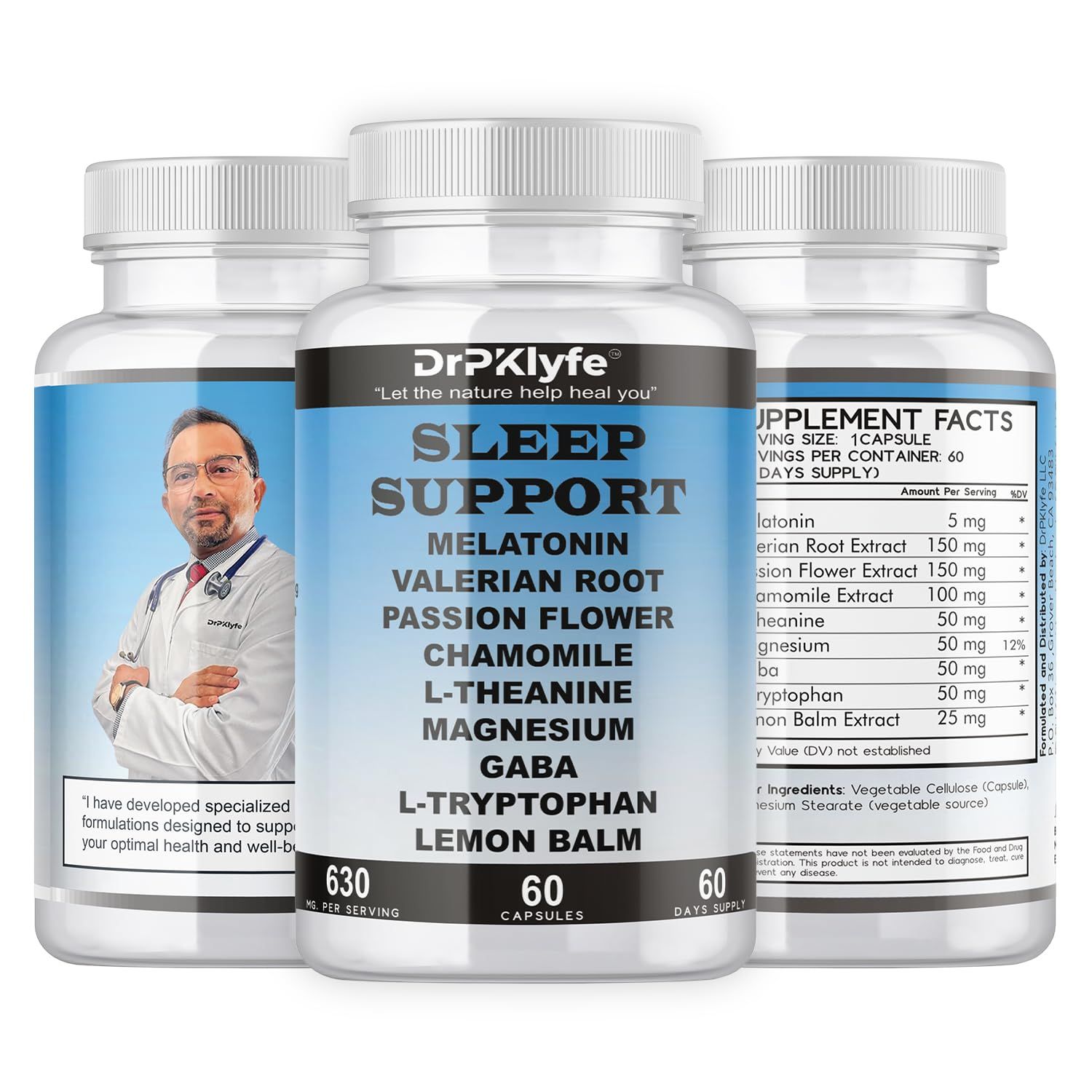 DrPKLyfe Sleep Aid: Melatonin Valerian Root Passion Flower Chamomile L-Theanine Magnesium GABA Capsules: 630mg, 60 Days Supply for Men WomenNatural Sleep Aid Solution