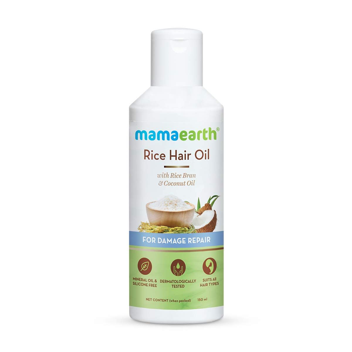MAMAEARTH Rice Hair Oil with Rice Bran Coconut Oil Strengthens Roots Reduces Breakage Repairs Dry, Damaged Hair Deeply Nourishes Hydrates All Hair Types 5.07 Fl Oz (150ml)