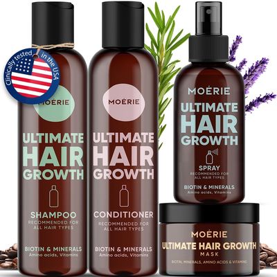 Moerie Shampoo and Conditioner Plus Hair Mask and Spray Mega Pack - The Ultimate Growth Care - For Longer, Thicker, Fuller Hair - Volumizing Products - Paraben Silicone Free (Set of 4)