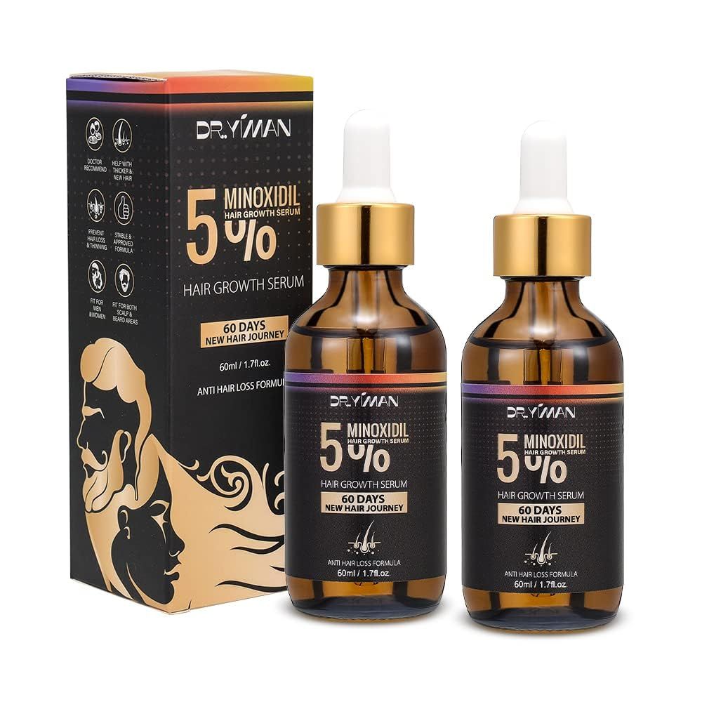 5 Minoxidil Hair Growth Treatment for Men and Women - Biotin Serum to Prevent Hair Loss and Thinning (2 Pack)