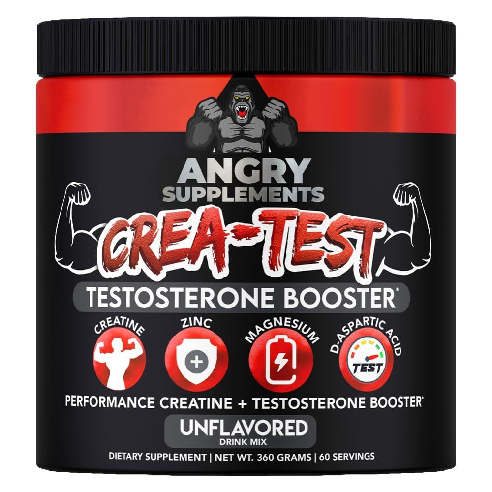 Angry Supplements Crea-Test, 100 Creatine Monohydrate Test Booster Powder for Monster Test Men w. D-Aspartic Acid, Zinc Magnesium, Unflavored Drink Mix (360 Grams, 60 Servings)