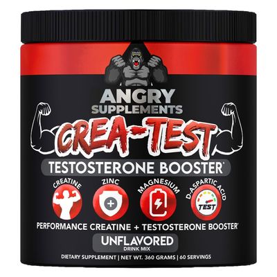 Angry Supplements Crea-Test, 100 Creatine Monohydrate Test Booster Powder for Monster Test Men w. D-Aspartic Acid, Zinc Magnesium, Unflavored Drink Mix (360 Grams, 60 Servings)