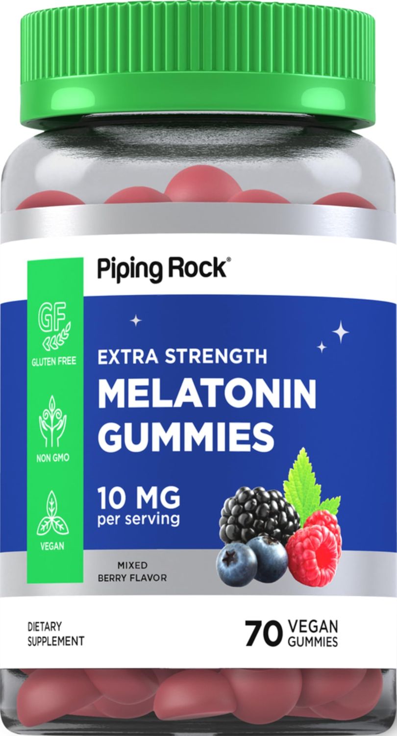 Piping Rock Melatonin Gummies 10mg 70 Gummies Berry Flavor Adult Extra Strength Supplement Vegan, Non-GMO, Gluten Free