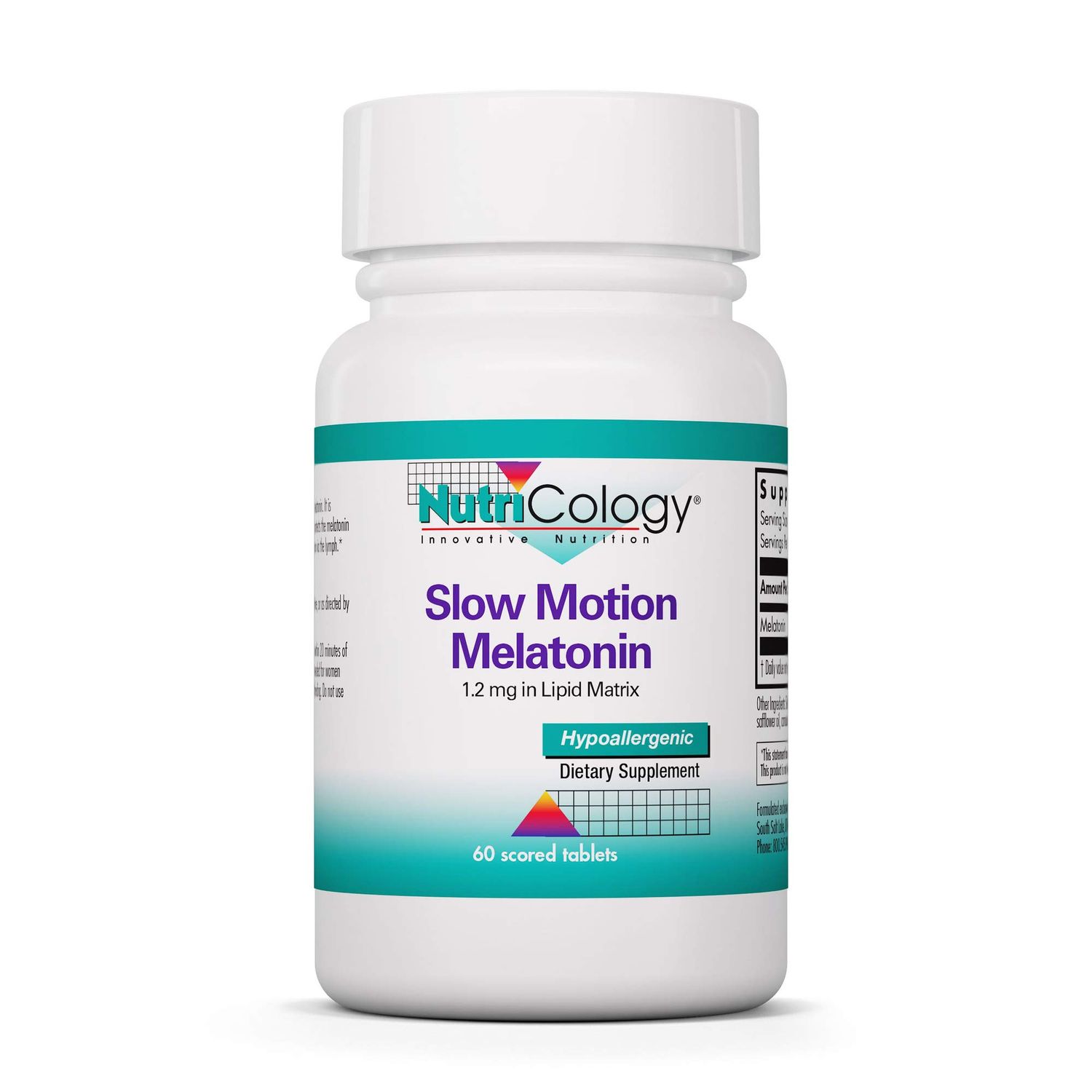Nutricology Slow Motion Melatonin - Sleep Aid, Low Dose, Lipid Matrix, 1mg Supplement, Pure, Hypoallergenic, Scored Tablets - 60 Count