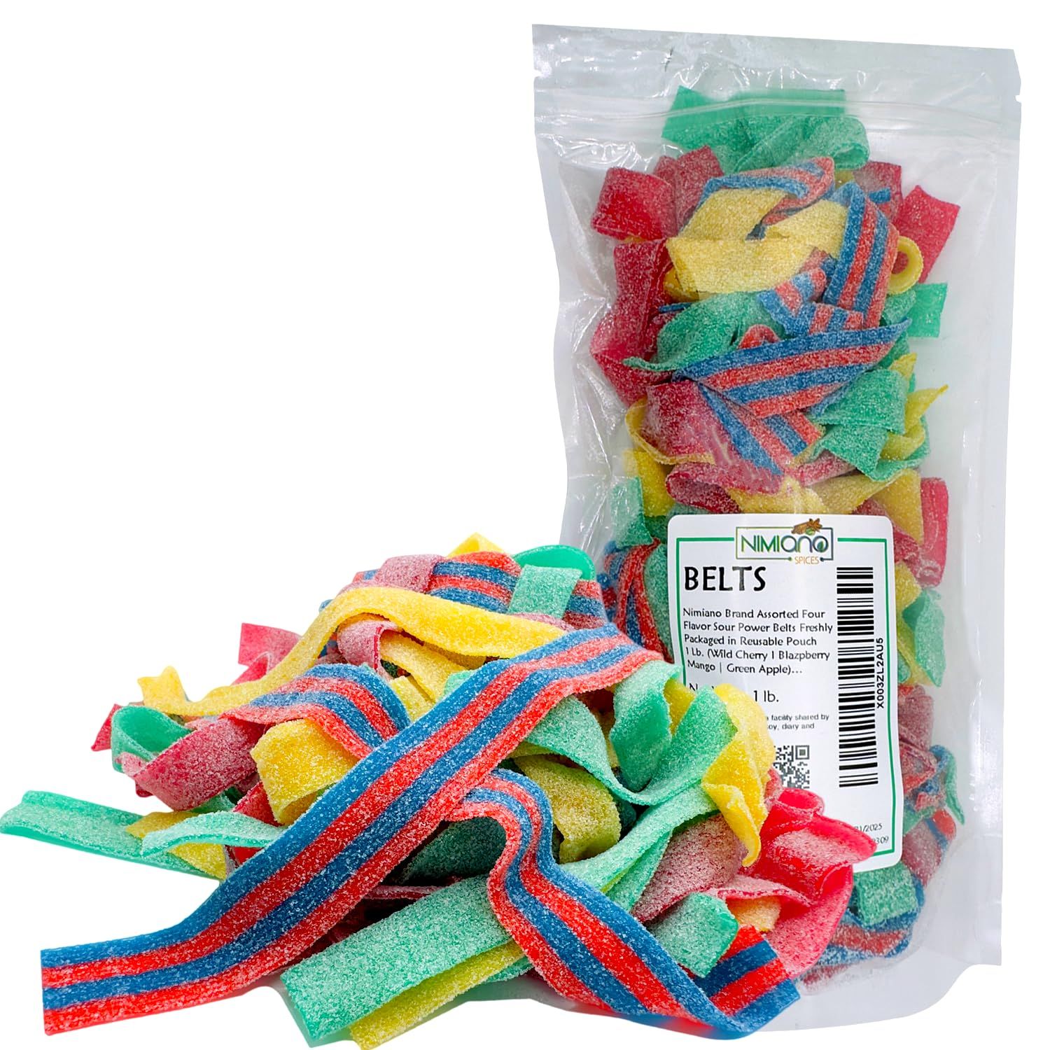 Dorval Assorted Four Flavor Sour Power Belts Gummi Candies Wild Cherry, Blazpberry, Mango Green Apple Vegan, Non-GMO, Gelatin Free 1 Lb.