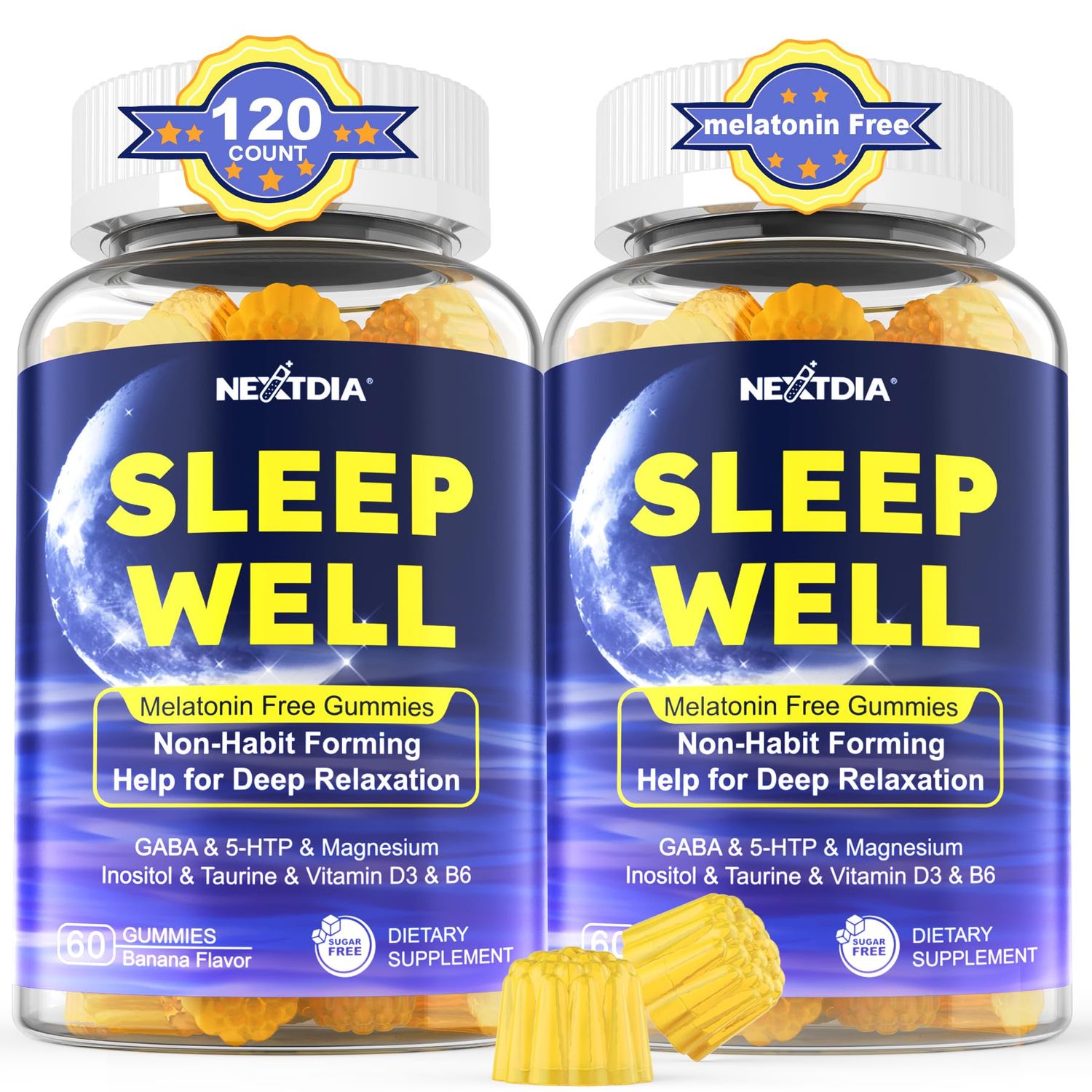 Melatonin Free Sleep Gummies with Magnesium Glycinate, GABA, 5-HTP, L-Theanine, Valerian, Chamomile, Lemon Balm, Vitamin D3 B6 - Hormone Drug- Free, Non-Habit Forming,2 Pack