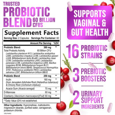 Probiotics for Women 60 Billion CFU - 16 Strains, Prebiotics Cranberry, PH Balance, Digestive Health, Vaginal Immune Support, Womens Probiotic for Gut Health, Shelf Stable - 120 Capsules