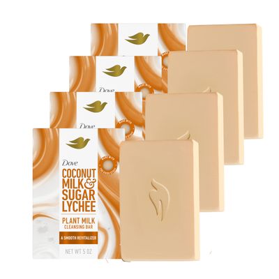 Dove Plant Milk Cleansing Bar Soap Coconut Milk Sugar Lychee Smooth Revitalizer 4 Count for Moisturized Skin Gentle Cleanser, No Sulfate Cleansers or Parabens, 98 Biodegradable Formula 5 oz