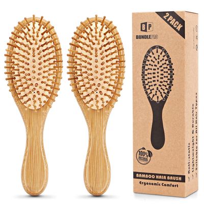 Pack of 2 Hair Brush with Natural Boar Bristles, Massages Scalp Anti-Static Hair Detangle for All Types, Lightweigh (Oval)