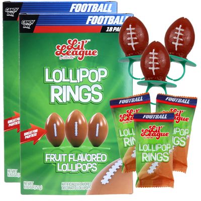 Needzo Football Lollipop Rings, Individually Wrapped Candy for Valentine&#39;s Classroom Exchange Kits, Birthday Party Favors, and End of Season Banquets, Pack of 2, 18 Suckers Each