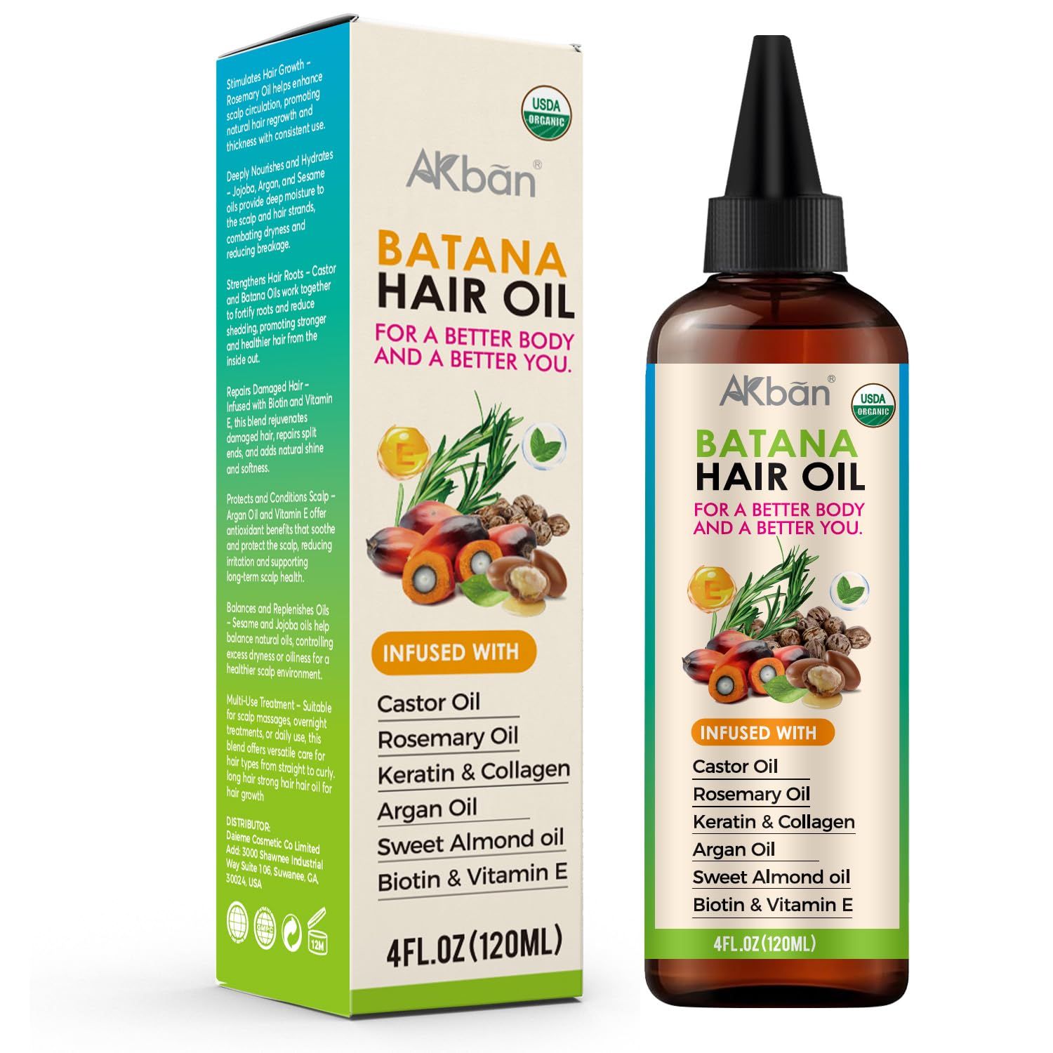 AKBAN 100 Pure Batana Oil for Hair Growth with Castor, Rosemary, Pumpkin Oil, Infused With Biotin, Keratin Vitamin E, Premium Hair Blend Oil for Hair Growth Strengthening Hair Treatment, 4 FL OZ